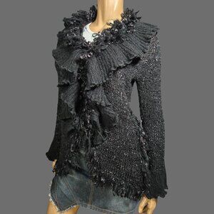 Y2K Black Shaggy Ruffled Cardigan Size S Boho Gothic Fairy Grunge Whimsigoth